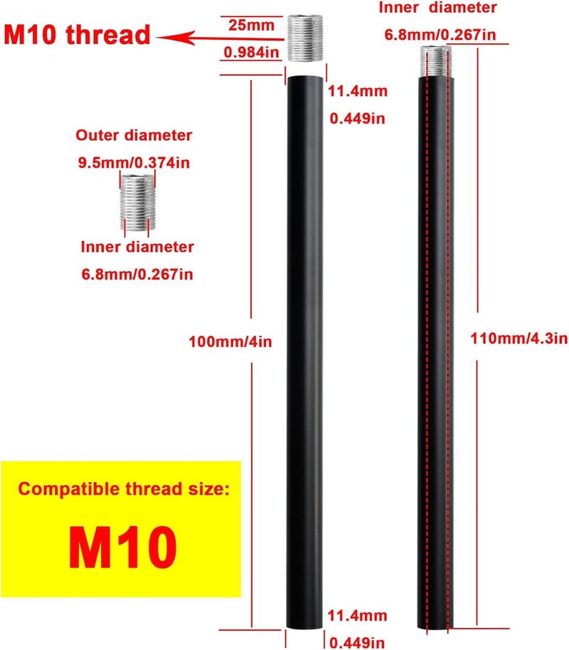 Haligate Matte Black M10 Threaded Extension Rod for Pendant Light, Island Lighting, Chandeliers,Lighting Fixture downrods & Stems,4 Inches 11.4mm OD (0.449″) x 100mm L (11.81″) - Image 2